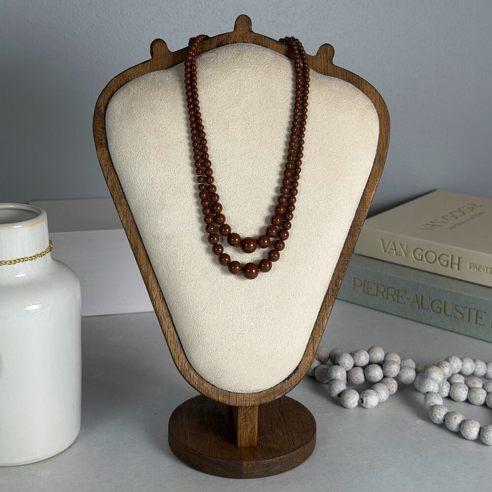 Retro VTG 1980s Boho Brown Acrylic Graduated Bead Double Strand 17" Necklace